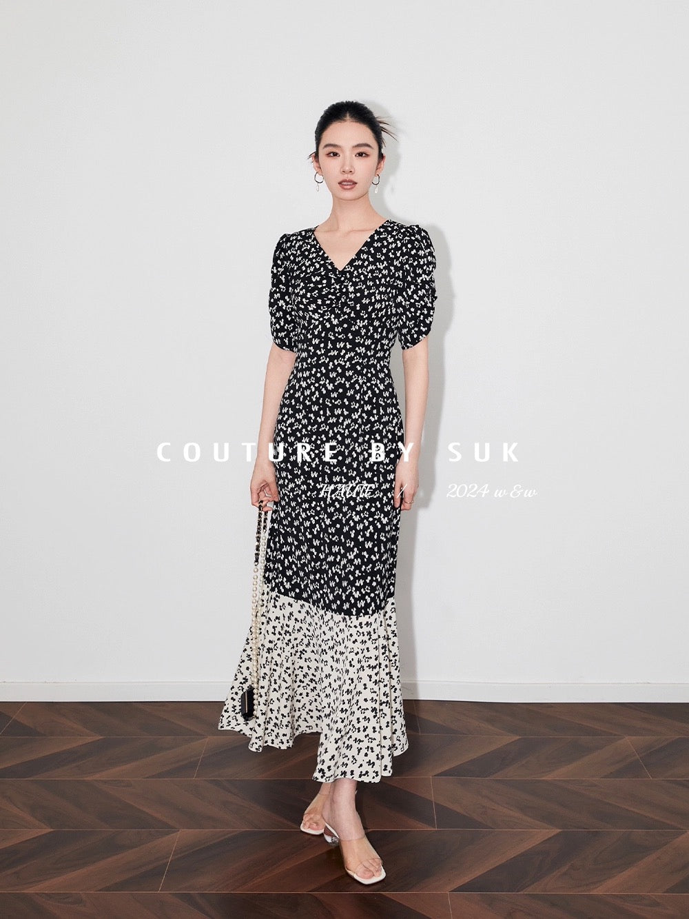 SUK Flying Flowers and Flowing Shadows! 2024 summer new floral skirt French elegant long skirt black waist dress for women