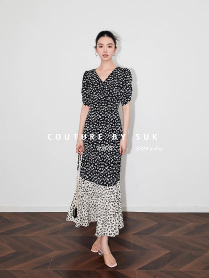 SUK Flying Flowers and Flowing Shadows! 2024 summer new floral skirt French elegant long skirt black waist dress for women