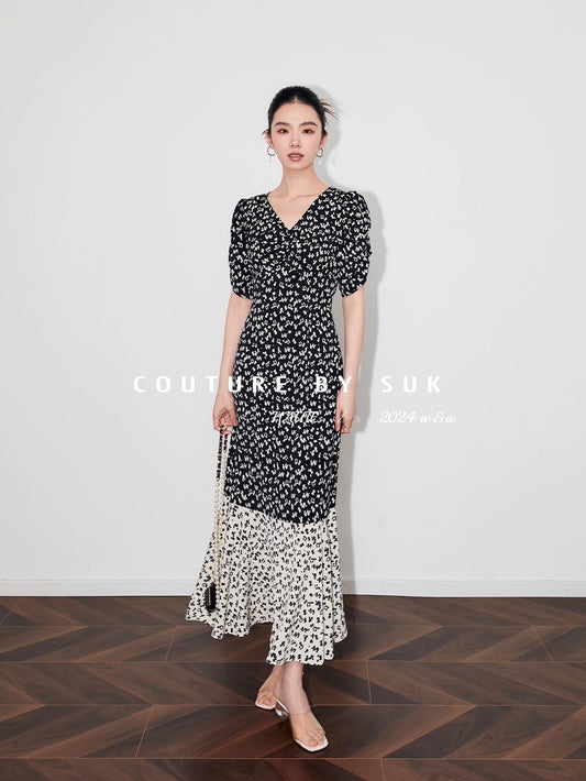 SUK Flying Flowers and Flowing Shadows! 2024 summer new floral skirt French elegant long skirt black waist dress for women