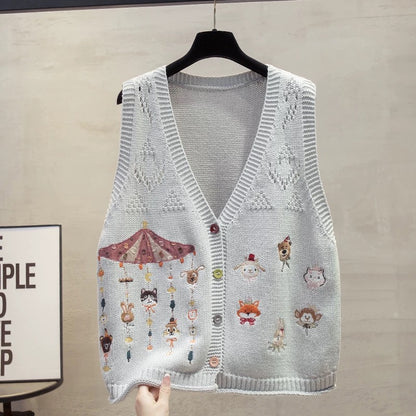 Embroidered cardigan v-neck knitted vest vest women 2025 autumn and winter new loose outer wear vest sweater waistcoat trend