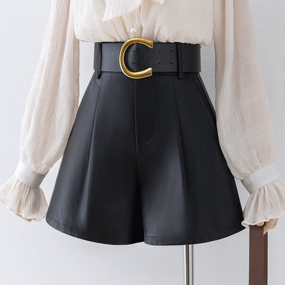 Shorts for women in autumn and winter 2022 new high-waisted PU leather a-line wide-leg casual pants for small people to wear outer boot pants