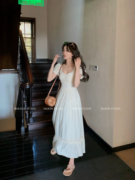 MUKOK Anne Romance ~ French lace hollow splicing long skirt for women with heavy-duty design and short-sleeved dress