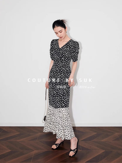 SUK Flying Flowers and Flowing Shadows! 2024 summer new floral skirt French elegant long skirt black waist dress for women