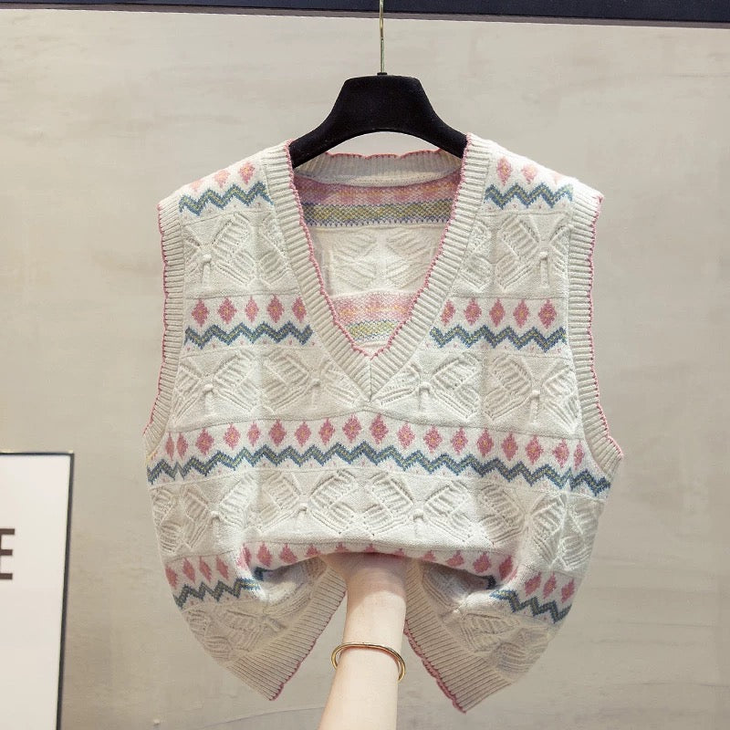 V-neck striped knitted vest vest women 2025 autumn and winter new loose outer wear vest layered sweater waistcoat trend