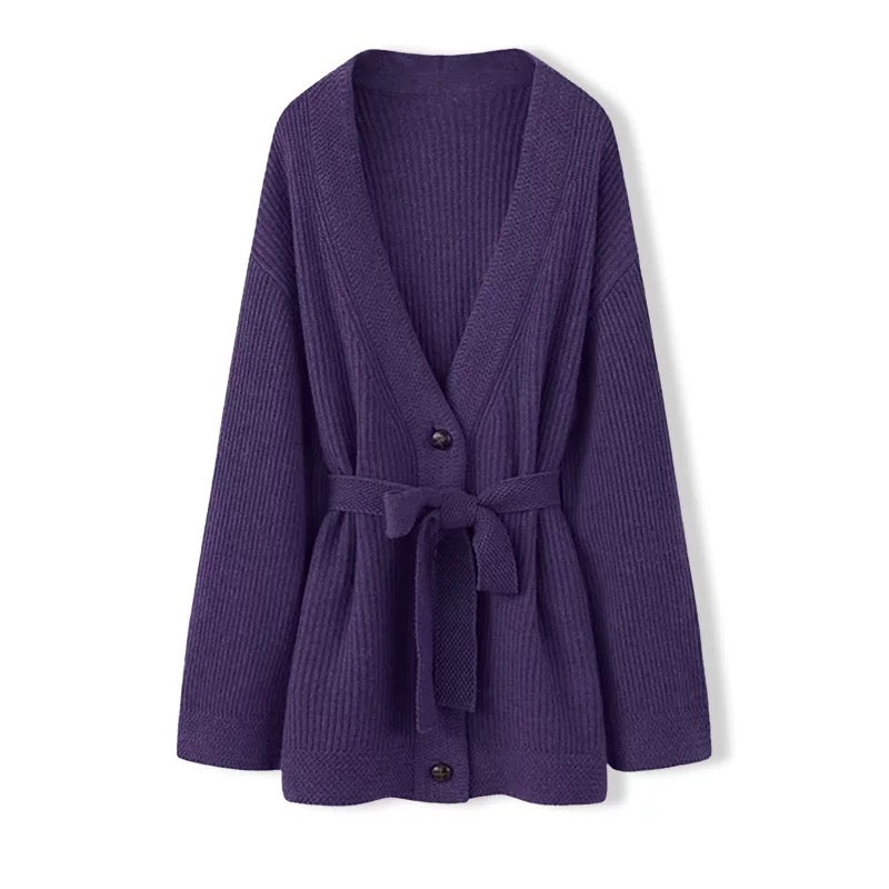 Lazy loose purple knitted sweater cardigan for women 2024 autumn and winter waist slimming knitted dress two-piece suit