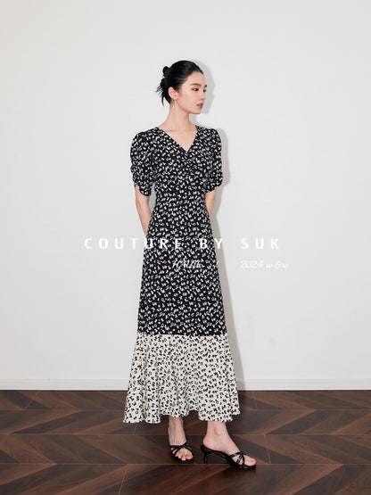 SUK Flying Flowers and Flowing Shadows! 2024 summer new floral skirt French elegant long skirt black waist dress for women