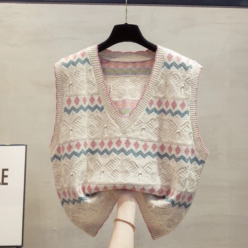 V-neck striped knitted vest vest women 2025 autumn and winter new loose outer wear vest layered sweater waistcoat trend