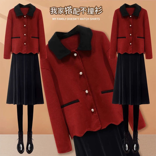 Xiaoxiangfeng short double-sided woolen coat for women 2024 autumn and winter high-waisted A-line velvet skirt red two-piece set