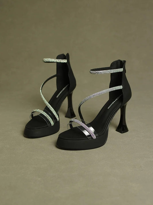 10cm thick-soled sandals, feminine ladylike rhinestones, 2024 new style, small internet celebrity, summer high heels, one-piece straps
