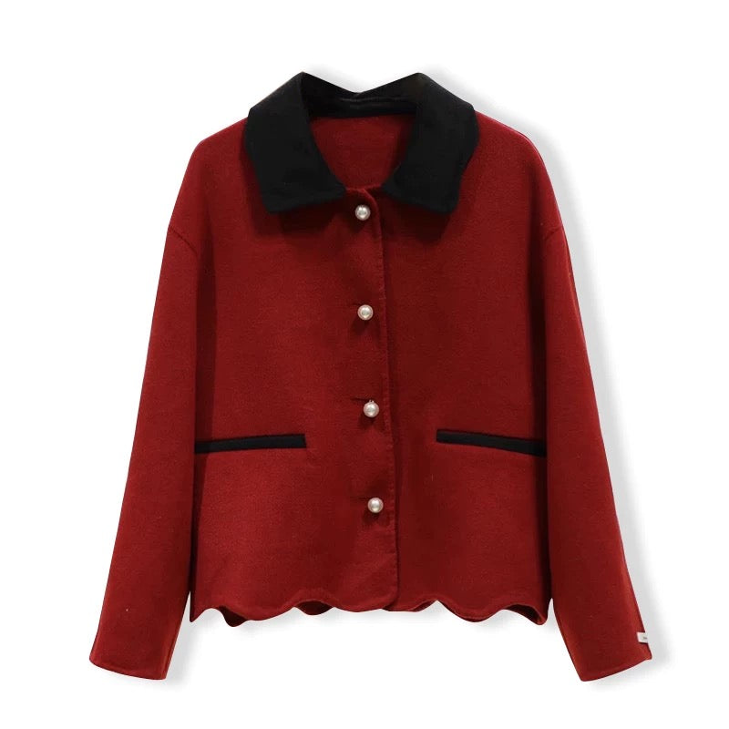 Xiaoxiangfeng short double-sided woolen coat for women 2024 autumn and winter high-waisted A-line velvet skirt red two-piece set