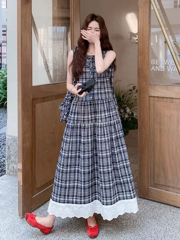 Retro plaid lace collar age-reducing sleeveless dress for women 2025 s –  Lee Nhi Boutique