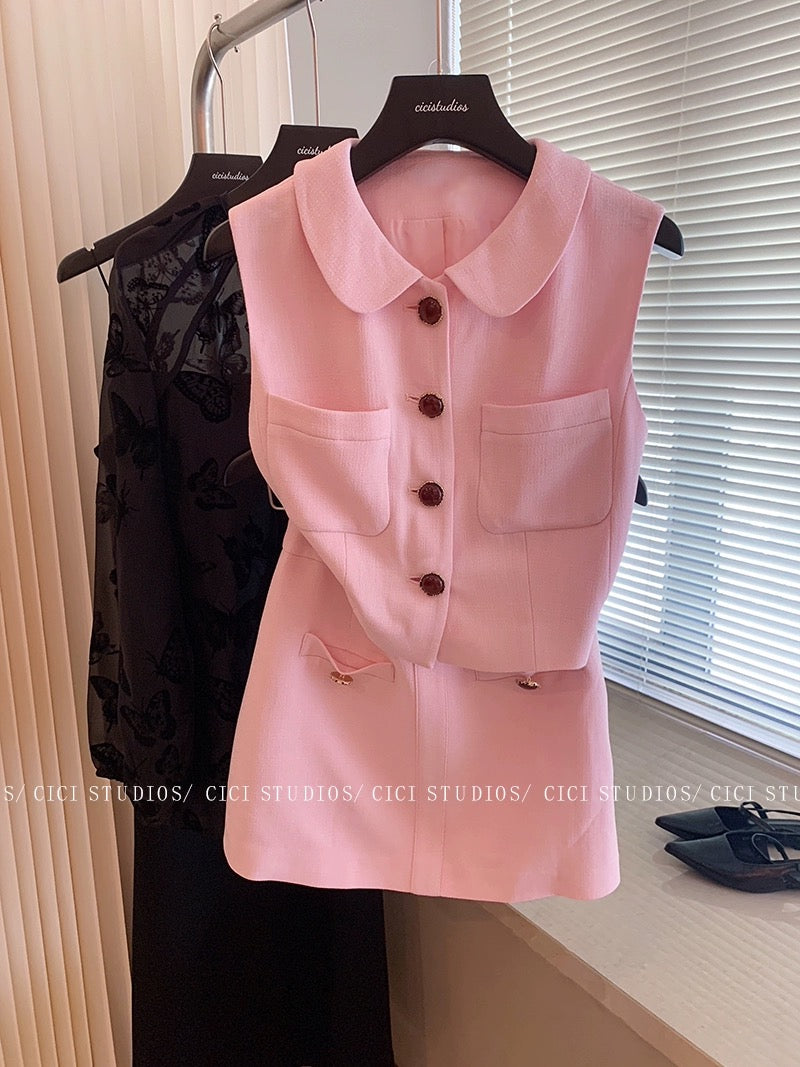 Xiaoxiangfeng pink sleeveless single-breasted vest suit for women summer 2024 new style temperament high-waisted skirt two-piece set