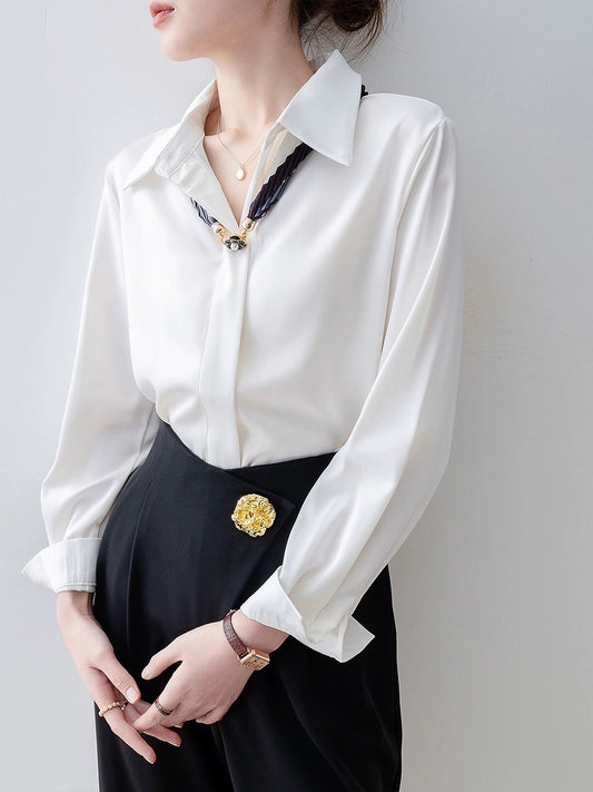 Spring women's 2024 new acetate satin shirt French shirt high-end wear long-sleeved top for small people