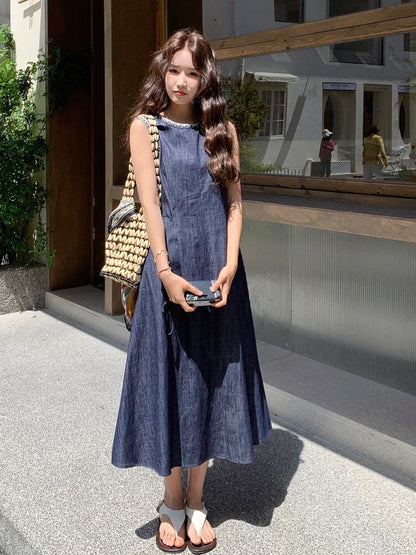 Summer thin denim vest dress for women 2025 new French retro temperament slim unique beautiful long skirt