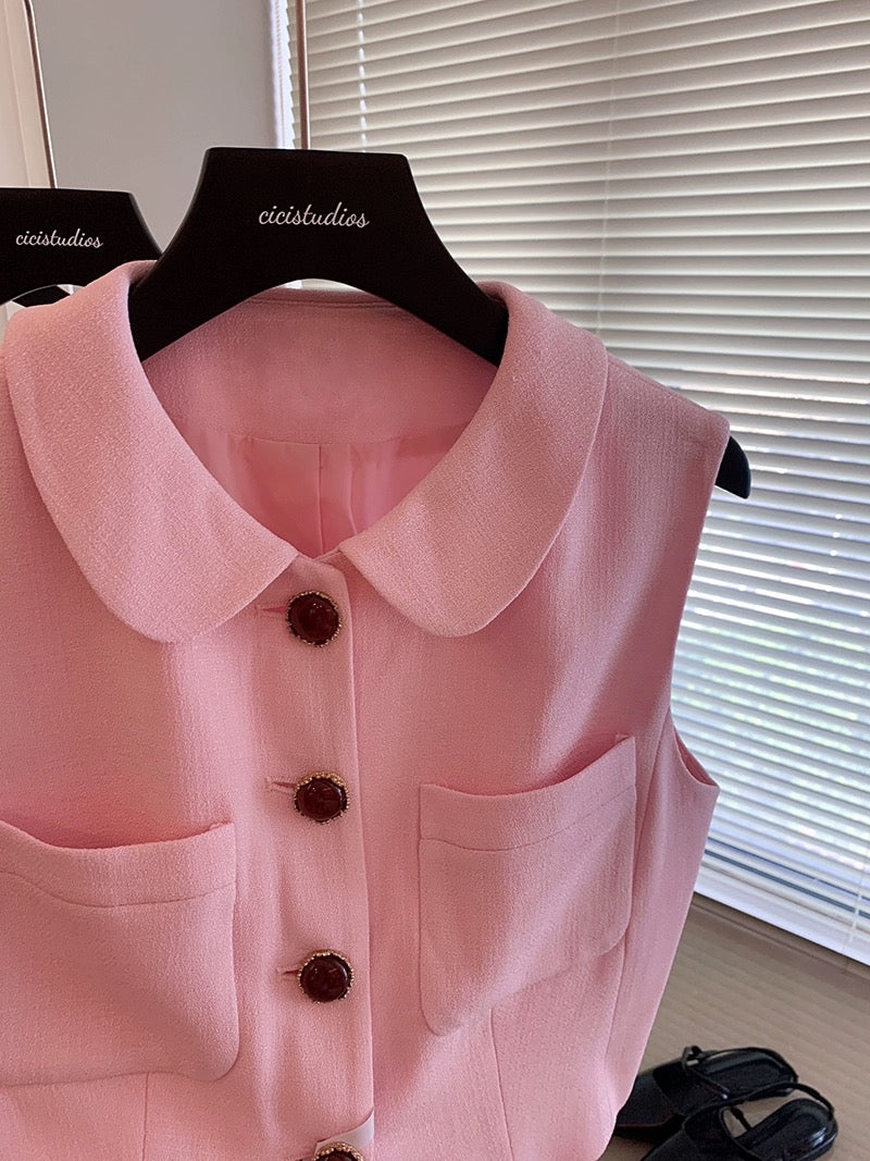 Xiaoxiangfeng pink sleeveless single-breasted vest suit for women summer 2024 new style temperament high-waisted skirt two-piece set