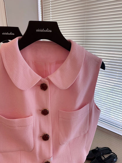 Xiaoxiangfeng pink sleeveless single-breasted vest suit for women summer 2024 new style temperament high-waisted skirt two-piece set