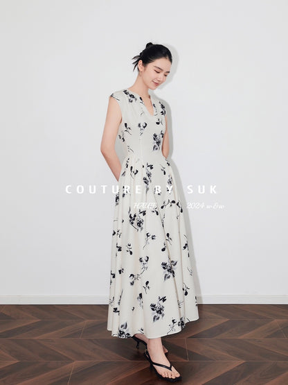 SUK's beautiful clear song! Elegant ink floral French lady-like V-neck raglan sleeves full-length dress