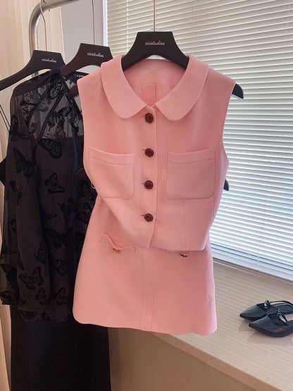 Xiaoxiangfeng pink sleeveless single-breasted vest suit for women summer 2024 new style temperament high-waisted skirt two-piece set