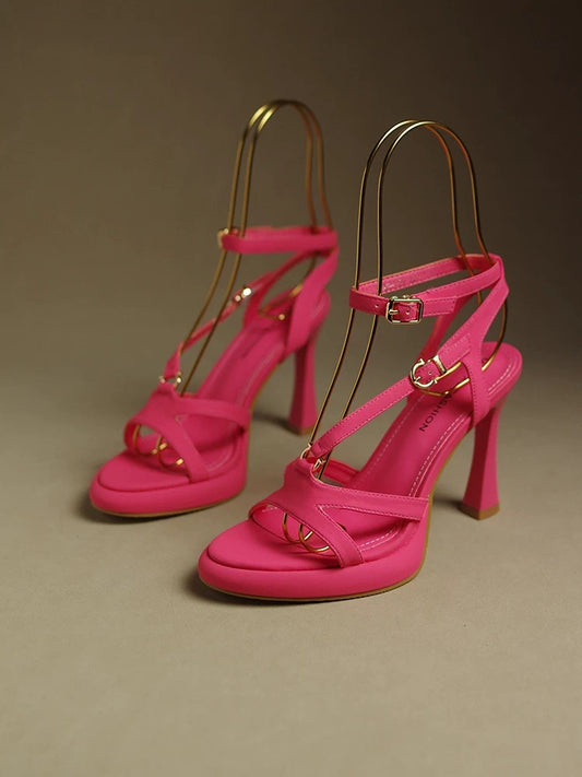 Rose red designer sandals for women 2023 summer new fashion round toe thick sole high heels stiletto heel elegant lady
