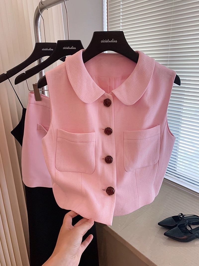 Xiaoxiangfeng pink sleeveless single-breasted vest suit for women summer 2024 new style temperament high-waisted skirt two-piece set