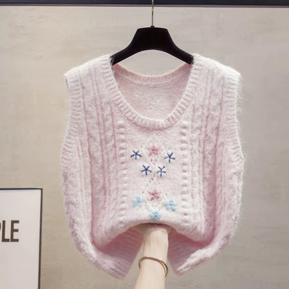 Handmade flower hollow round neck knitted vest vest women 2025 autumn and winter new loose outer wear vest sweater waistcoat