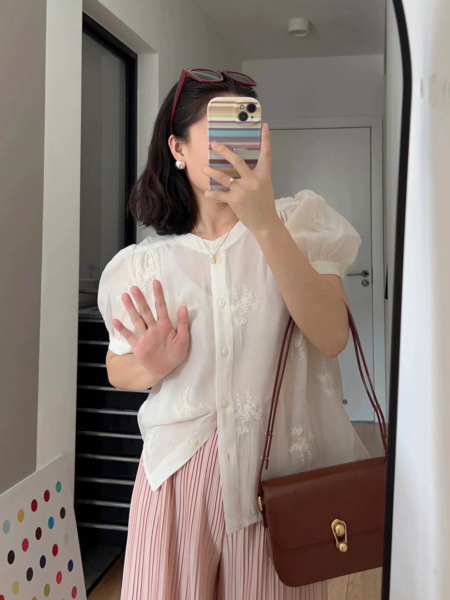 New Chinese style light national style beautiful tops for women with French retro embroidery puff short-sleeved see-through shirts for summer