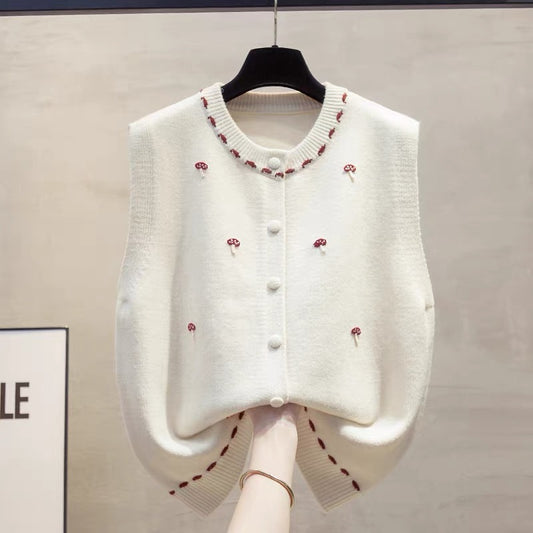 Cardigan round neck knitted vest vest women 2025 autumn and winter new loose outer wear vest layered sweater waistcoat trend
