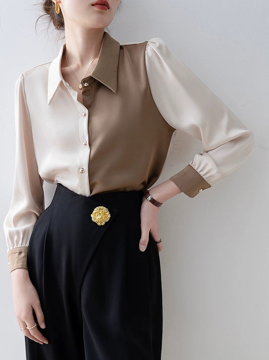 Early spring clothing for women 2024 new polo collar patchwork shirt long-sleeved shirt high-end wear tops for small people