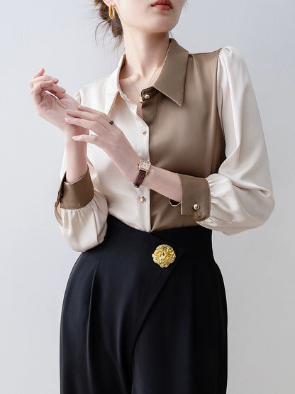 Early spring clothing for women 2024 new polo collar patchwork shirt long-sleeved shirt high-end wear tops for small people