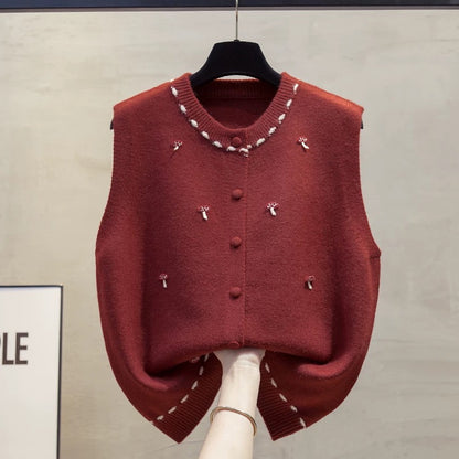 Cardigan round neck knitted vest vest women 2025 autumn and winter new loose outer wear vest layered sweater waistcoat trend