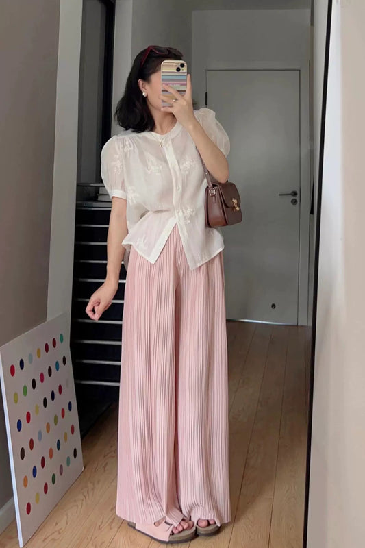 New Chinese style light national style beautiful tops for women with French retro embroidery puff short-sleeved see-through shirts for summer