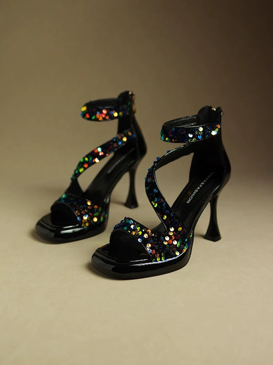 Sequined waterproof platform sandals for women 2023 new patent leather square toe internet celebrity summer high heels stiletto heels elegant lady