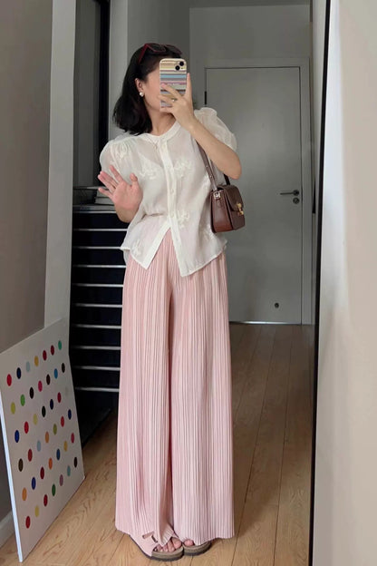 New Chinese style light national style beautiful tops for women with French retro embroidery puff short-sleeved see-through shirts for summer