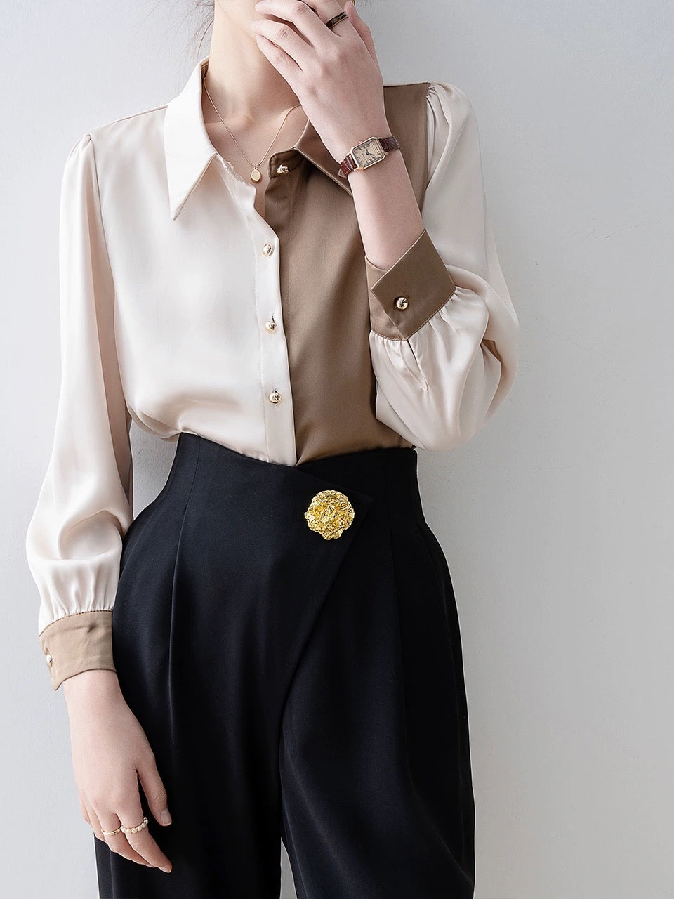 Early spring clothing for women 2024 new polo collar patchwork shirt long-sleeved shirt high-end wear tops for small people