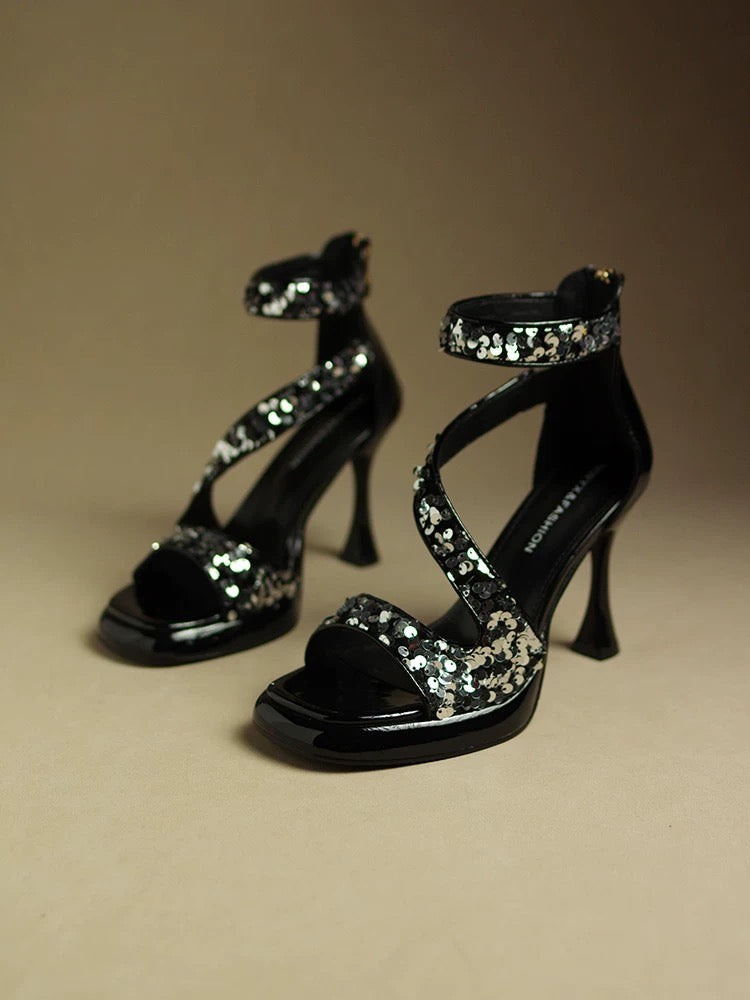 Sequined waterproof platform sandals for women 2023 new patent leather square toe internet celebrity summer high heels stiletto heels elegant lady