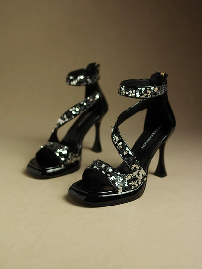 Sequined waterproof platform sandals for women 2023 new patent leather square toe internet celebrity summer high heels stiletto heels elegant lady