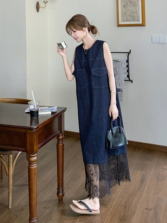 Korean style lace stitching sleeveless denim dress female 2025 summer new loose slim fashion vest long skirt