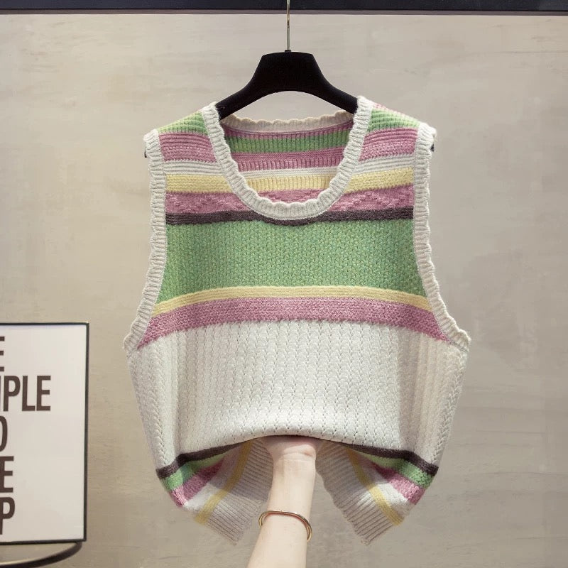 Striped round neck knitted vest vest women 2025 autumn and winter new loose outer wear vest hollow sweater waistcoat trend