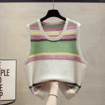 Striped round neck knitted vest vest women 2025 autumn and winter new loose outer wear vest hollow sweater waistcoat trend