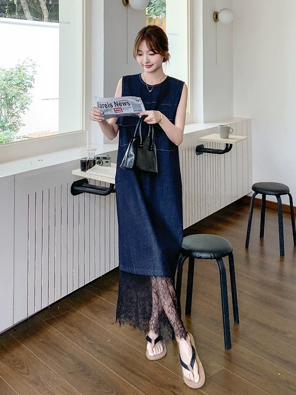 Korean style lace stitching sleeveless denim dress female 2025 summer new loose slim fashion vest long skirt