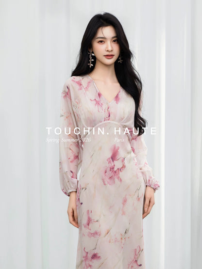 TOUCHIN HAUTE Floating Mist and Melodious Song: Ink Wash Print V-Neck Slimming and Elegant Dress for Women