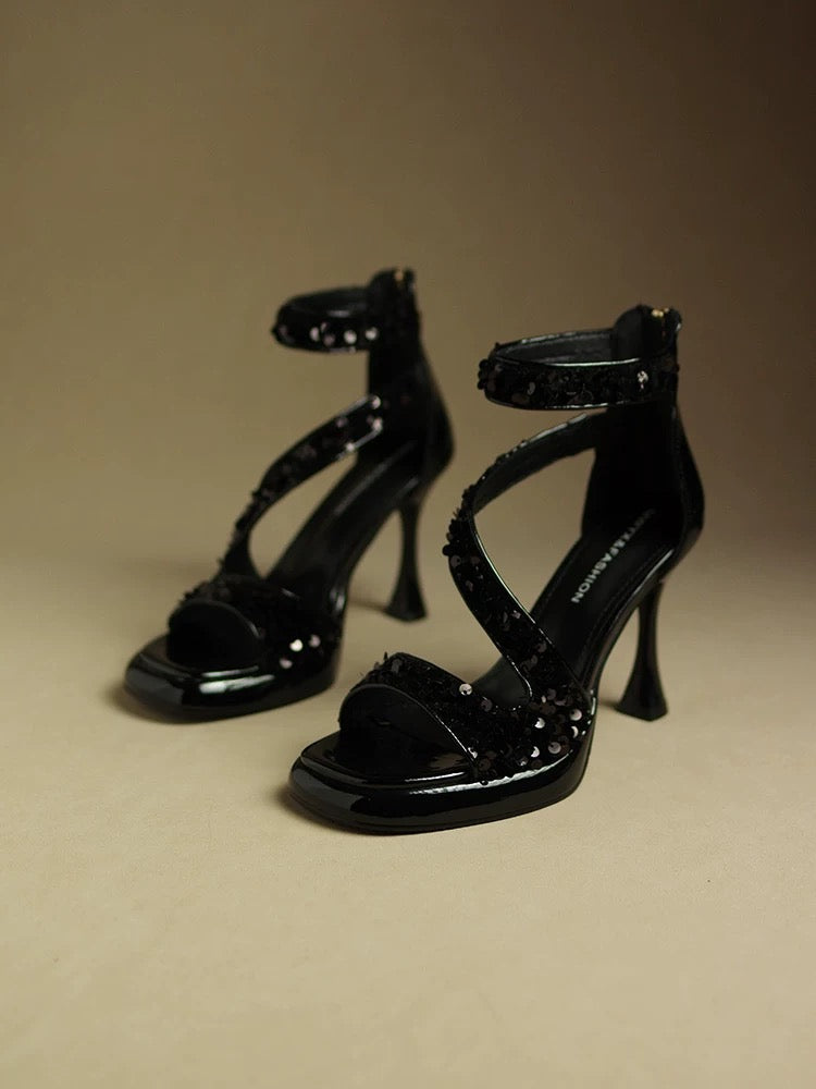 Sequined waterproof platform sandals for women 2023 new patent leather square toe internet celebrity summer high heels stiletto heels elegant lady