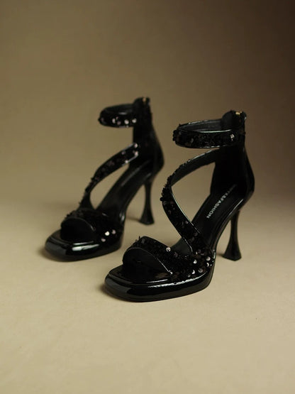 Sequined waterproof platform sandals for women 2023 new patent leather square toe internet celebrity summer high heels stiletto heels elegant lady