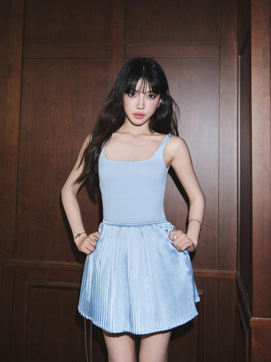 avenement/ballet style pleated satin suspender skirt/ice silk knitted stitching design dress for women