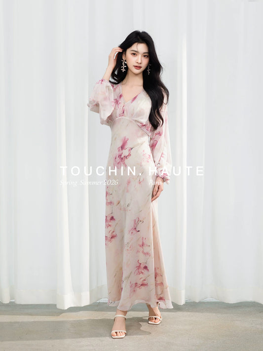TOUCHIN HAUTE Floating Mist and Melodious Song: Ink Wash Print V-Neck Slimming and Elegant Dress for Women