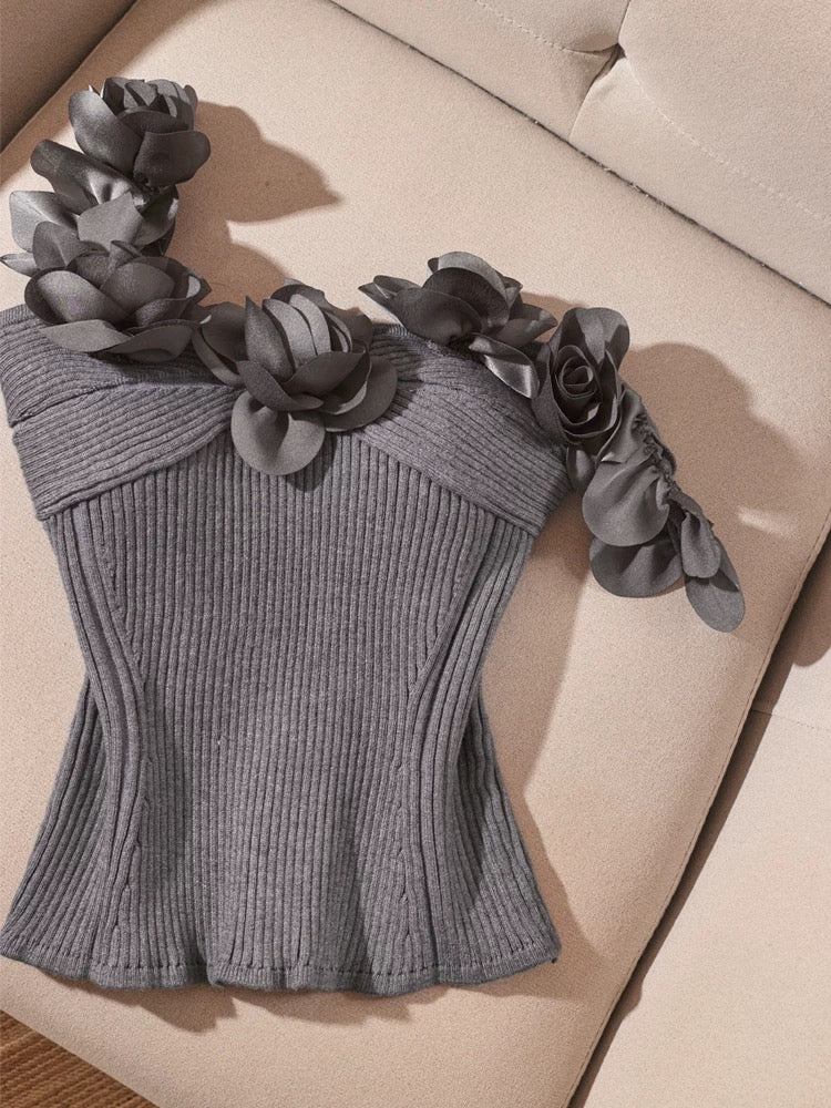 Pure and alluring gray knitted camisole for women, perfect for summer layering, featuring a unique three-dimensional floral design, a sweet and spicy style.