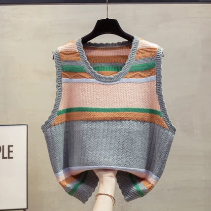 Striped round neck knitted vest vest women 2025 autumn and winter new loose outer wear vest hollow sweater waistcoat trend