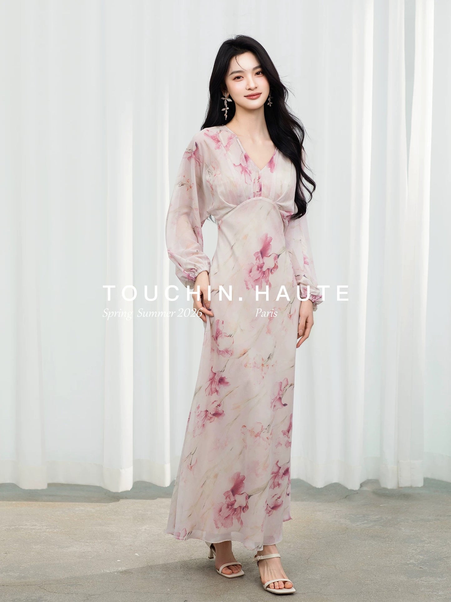 TOUCHIN HAUTE Floating Mist and Melodious Song: Ink Wash Print V-Neck Slimming and Elegant Dress for Women