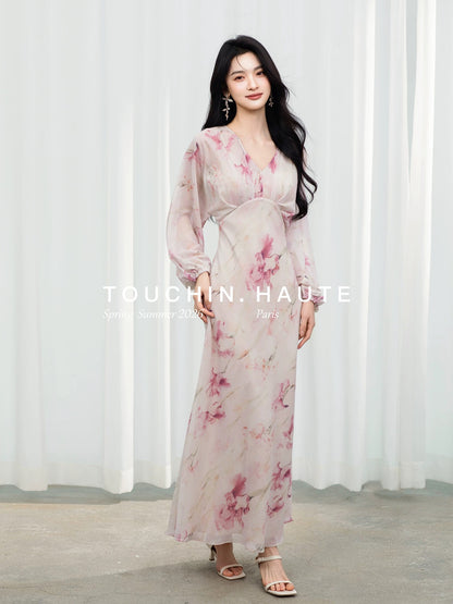 TOUCHIN HAUTE Floating Mist and Melodious Song: Ink Wash Print V-Neck Slimming and Elegant Dress for Women