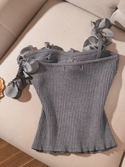 Pure and alluring gray knitted camisole for women, perfect for summer layering, featuring a unique three-dimensional floral design, a sweet and spicy style.